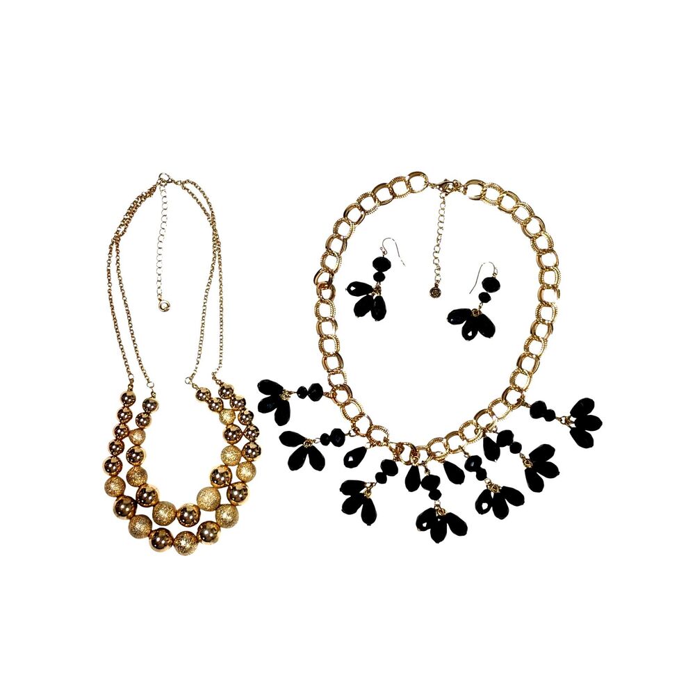 Vintage 1948 By 1928 Bib Necklace Earrings Black Beads & Gold Ball Necklace Goth